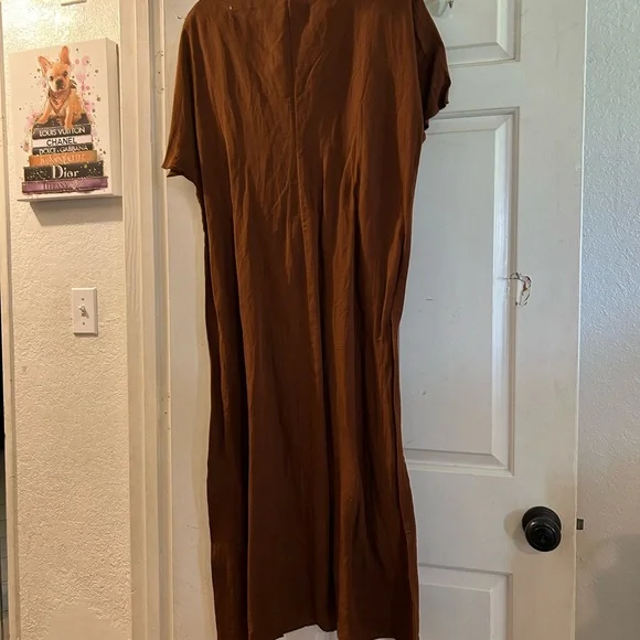 Zara Brown Short-Sleeve Drawstring Maxi Dress with Bead Accents - Picture 3 of 3